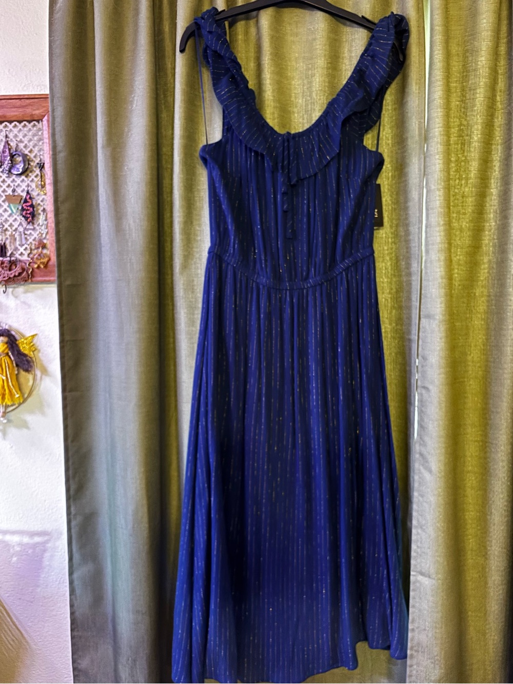 INC International Concepts Navy Midi Dress with Metallic Pinstripes